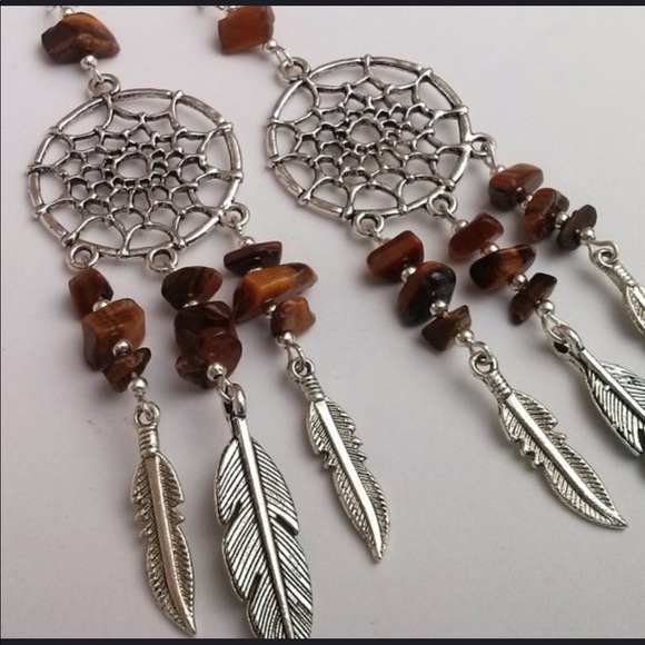 Bohemian dream catcher tigers eye dangle earrings - Picture 4 of 5
